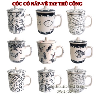 Cốc sứ uống trà có nắp Oanh Gia Authentic Bat Trang - Sản phẩm vẽ tay thủ công 100% dung tích 350ml (D8.5*H10.5cm)