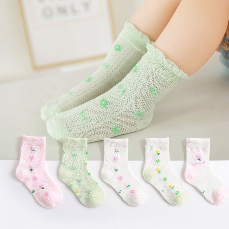 Bộ 5 Đôi Vớ Cotton Thoáng Khí Thoải Mái Họa Tiết Hoạt Hình Xinh Xắn Dành Cho Bé