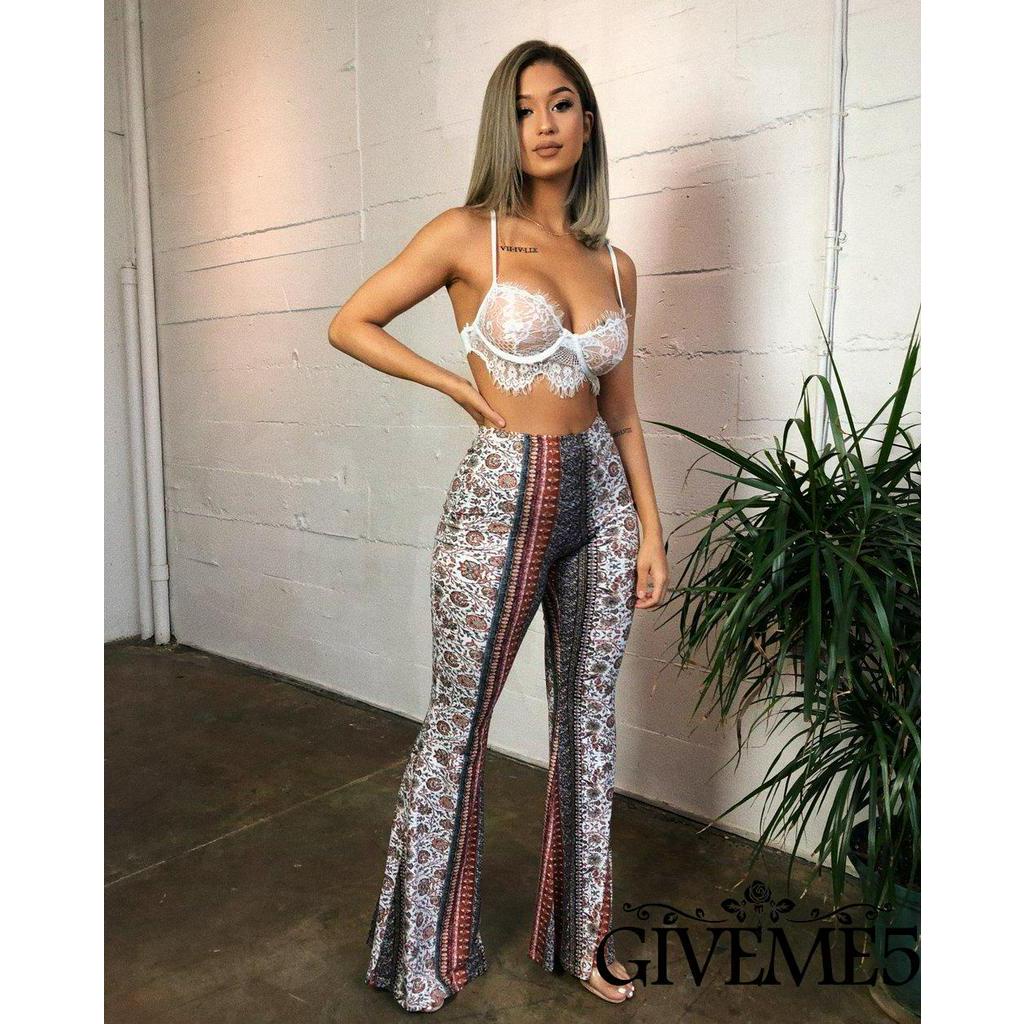 Quần Ống Loe Lưng Cao In Họa Tiết Phong Cách Boho Cho Nữ