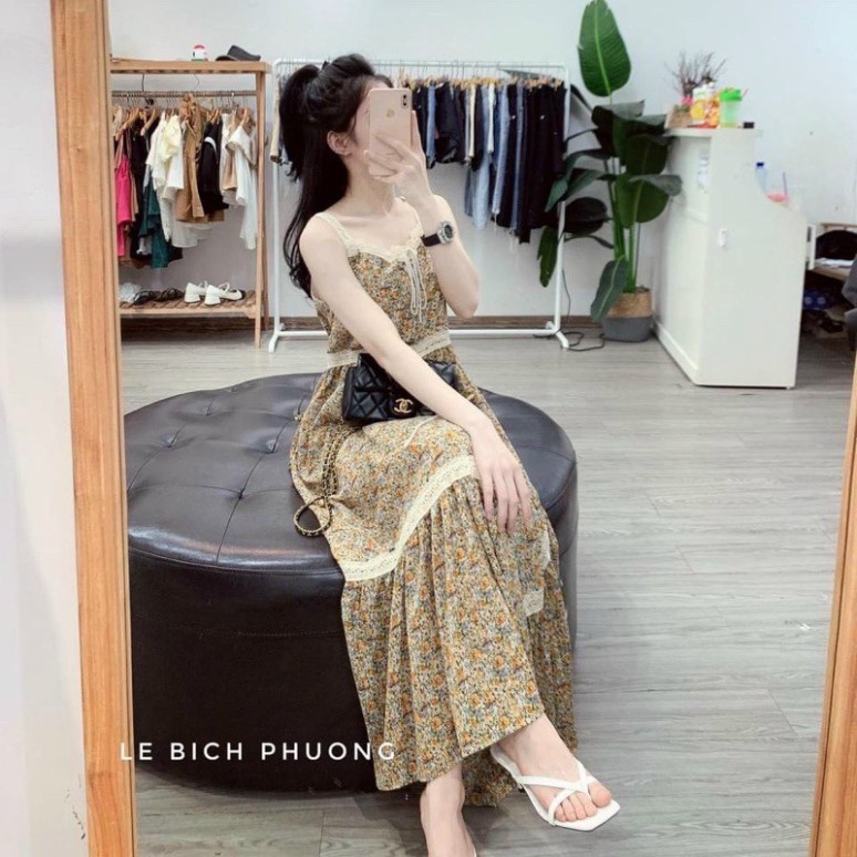 Váy đầm nữ hai dây phối ren họa tiết hóa nhí vitage nâu tây vải mềm nhẹ mát