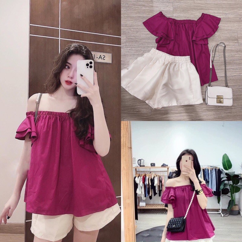 ⚡ RẺ NHẤT SHOPEE⚡ Sét Bộ Quần Áo Đũi Trễ Vai Hồng Quần Sooc Đủ Size Hàng Đẹp