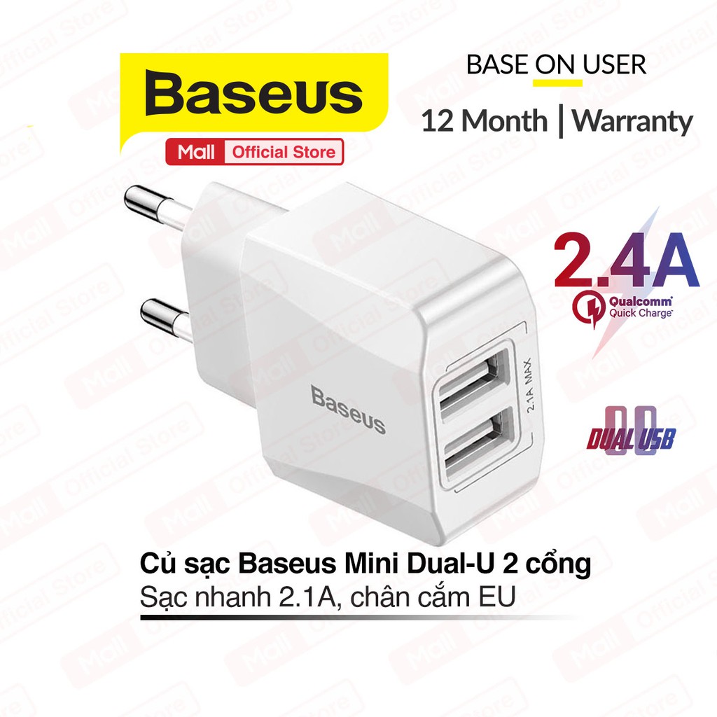 Củ sạc 2 cổng BASEUS Mini Dual-U sạc nhanh 2.1A, 2 cổng tiện lợi sạc được nhiều thiết bị cùng lúc, chân cắm EU
