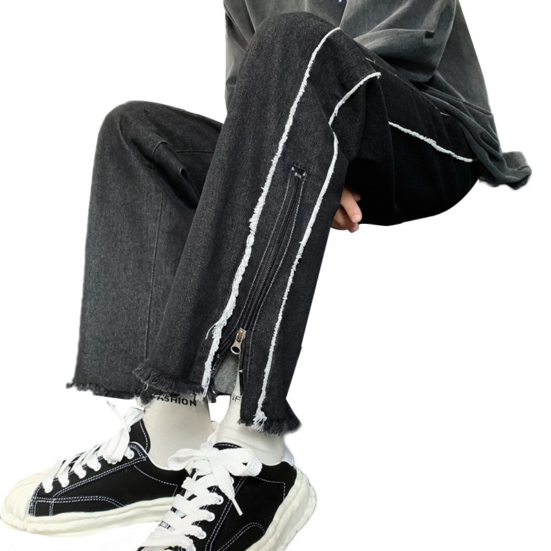 Quần jean dài dáng suông rộng phối xẻ tà có kháo kéo kẻ sọc phong cách trẻ trung cá tính cho nam