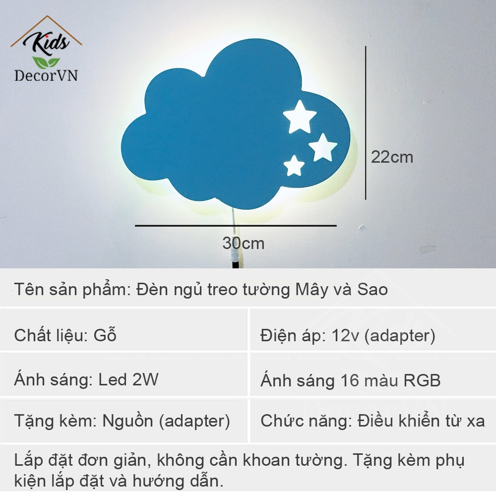 Đèn ngủ trẻ em Mây và Sao đèn ngủ treo tường cho bé phong cách bắc âu Scandinavian