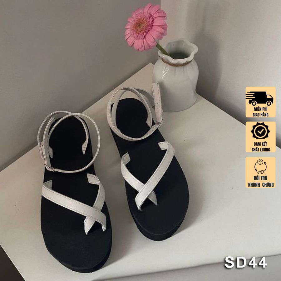 Dép sandal Nữ quai da mềm Đế bệt Cao Su ôm chân mã SD44 (2 loại đế 1,5cm và 3cm) Đai đeo ngón chân Mũi mở Dép xăng đan