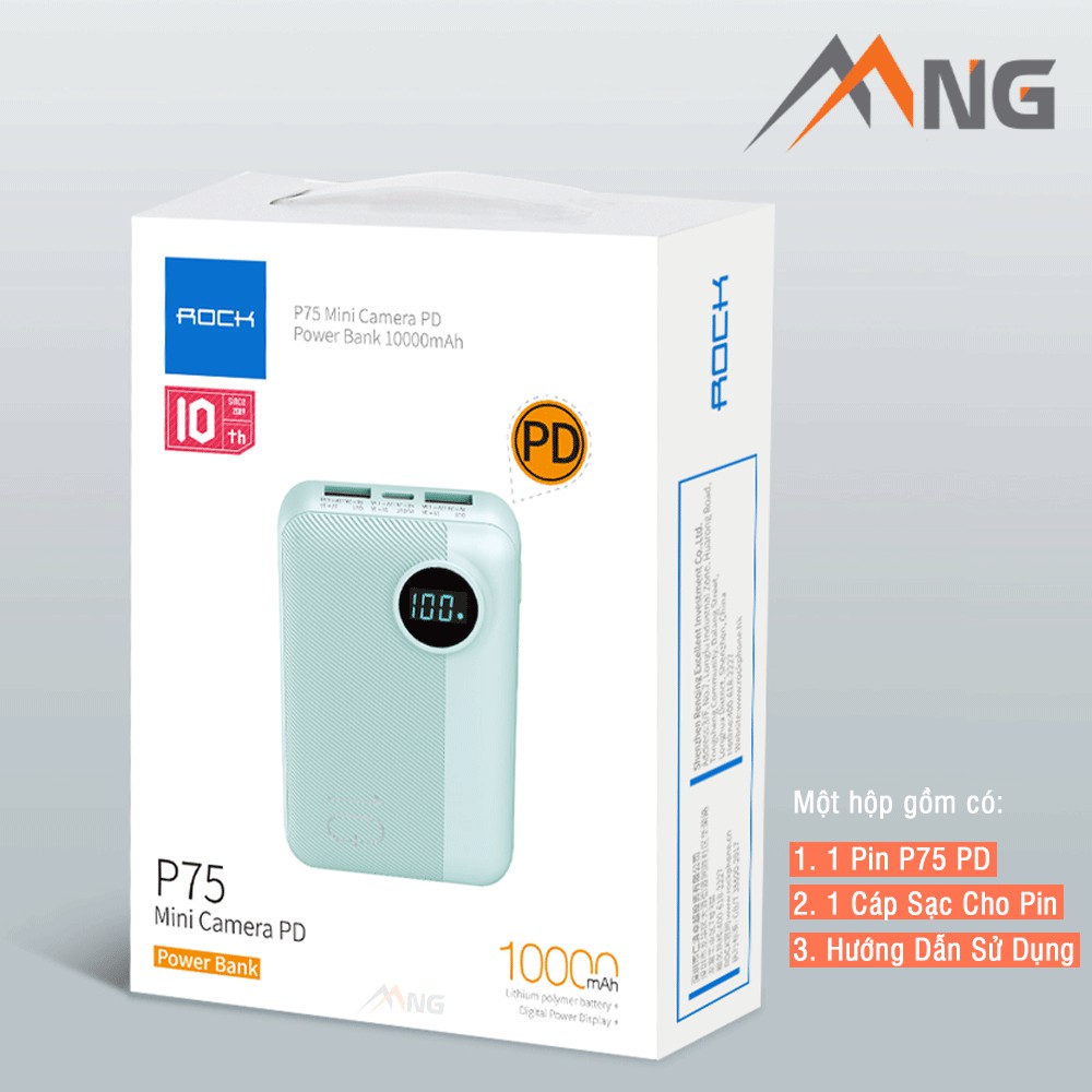 Pin sạc dự phòng mini chính hãng Rock space P75 chuẩn PD 10.000 mAh sạc nhanh cho iPhone, samsung, vsmart, Oppo