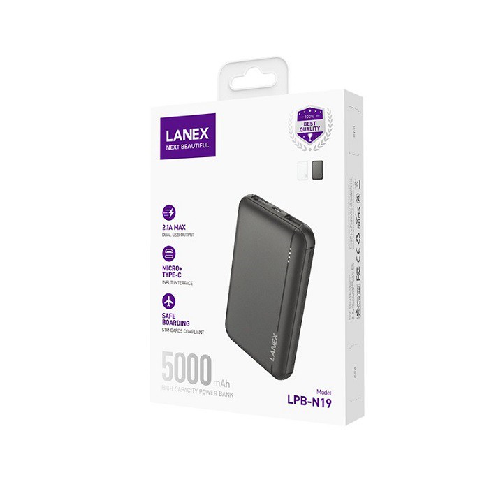 [Mã ELFLASH3 hoàn 10K xu đơn 20K] Pin dự phòng 5.000mAh LANEX LPB-N19 (2 cổng USB 2.1A, Đèn LED)