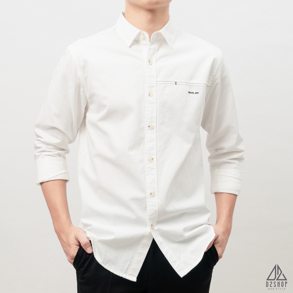 Áo sơ mi nam D2shop, áo sơ mi nam dài tay, vải kaki, thêu chữ VISUALALT, màu trắng [SM-8878]