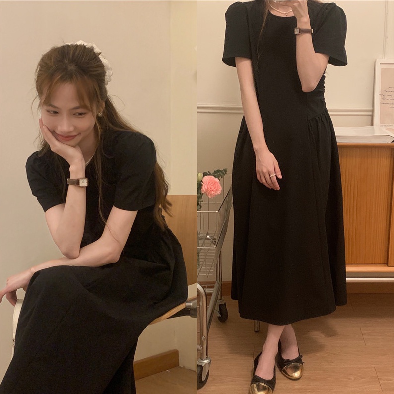 Đầm SUXI tay ngắn cổ tròn đơn giản phong cách Hàn Quốc