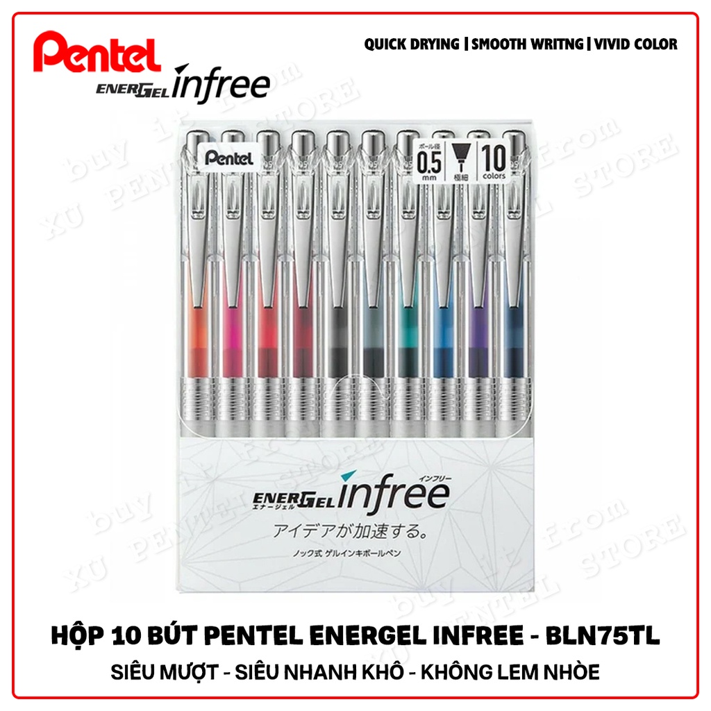 Combo 10 Bút Pentel Energel Infree 0.5mm BLN75TL - Siêu Mượt, Siêu Nhanh Khô