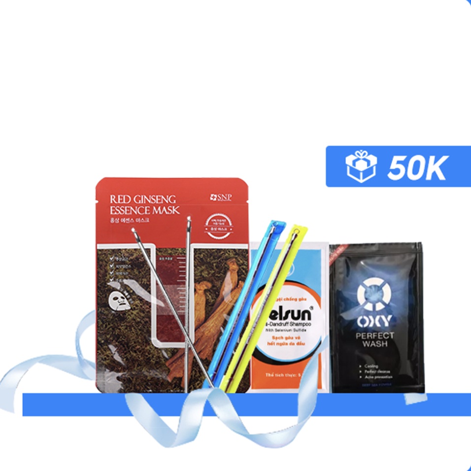 Combo quà tặng 1 mặt nạ sâm SNP, 1 que gạt mụn, 2 sample Oxy, 1 sample Selsun
