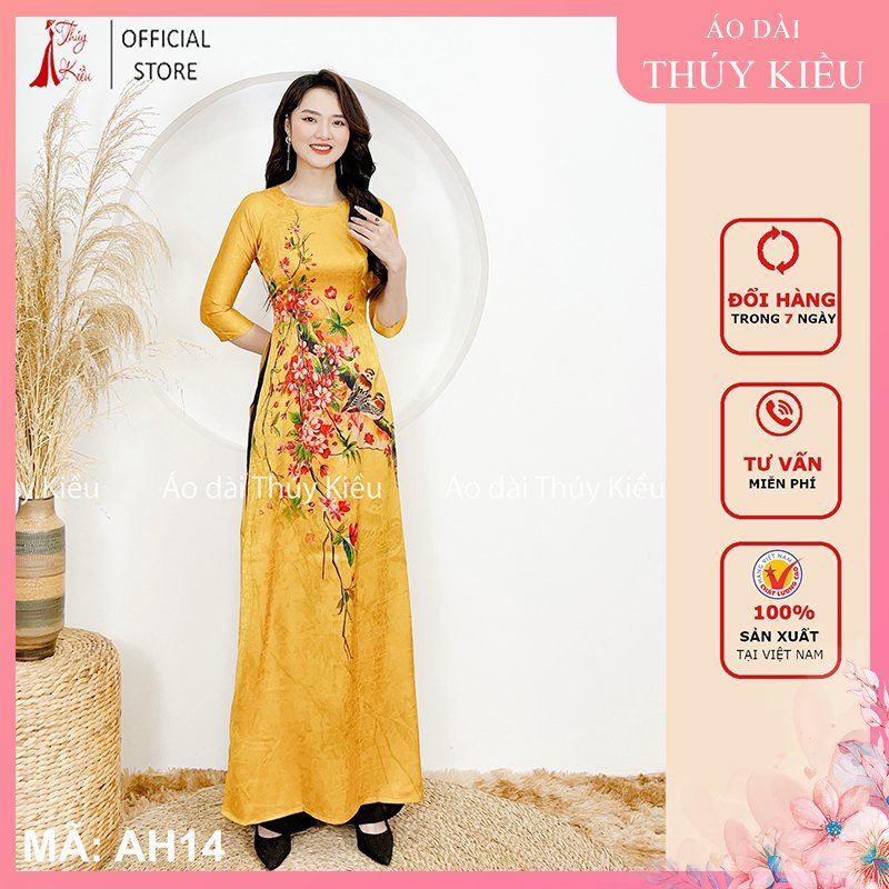 Áo dài đẹp may sẵn thiết kế nữ trung niên cách tân tết vàng hoa đào AH14 mềm mại, co giãn