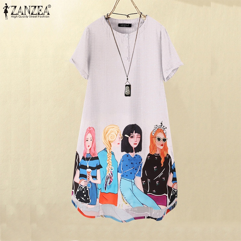 Đầm tay ngắn ZANZEA cổ tròn in họa tiết phong cách cổ điển thời trang cho nữ