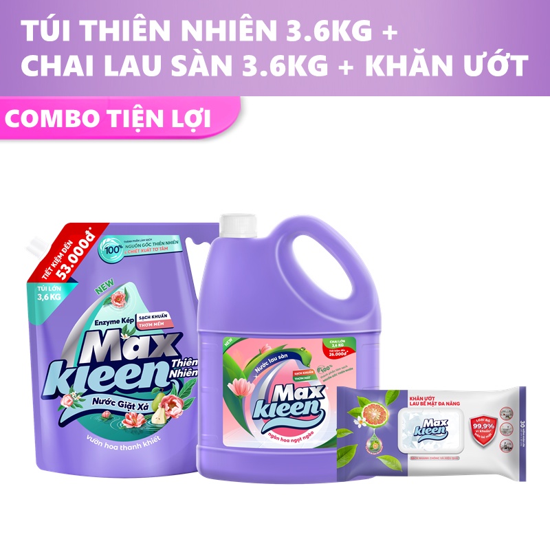 Combo Túi nước giặt xả thiên nhiên 3.6kg + Chai nước lau sàn ngọt ngào 3.6kg + Khăn lau đa năng MaxKleen