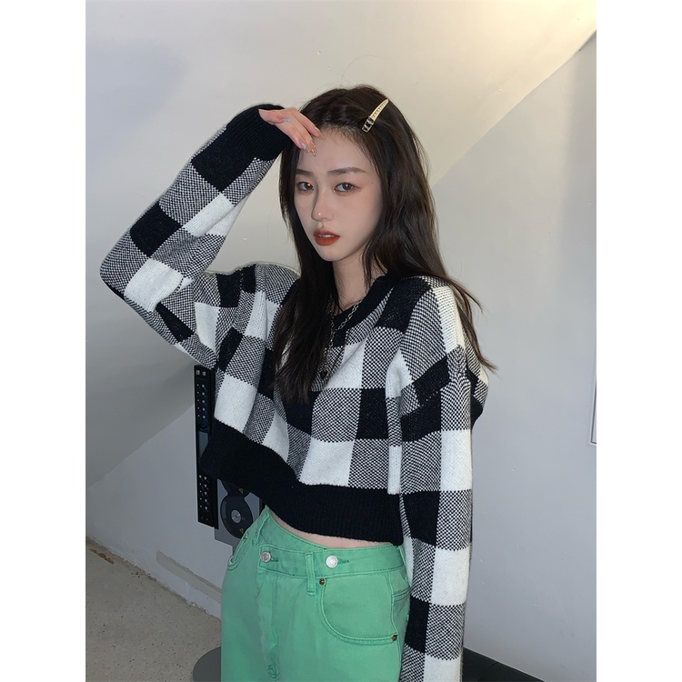 Áo Dệt Kim Cổ Thuyền Ngắn Họa Tiết Kẻ Sọc Màu Tương Phản Thời Trang Hàn Quốc