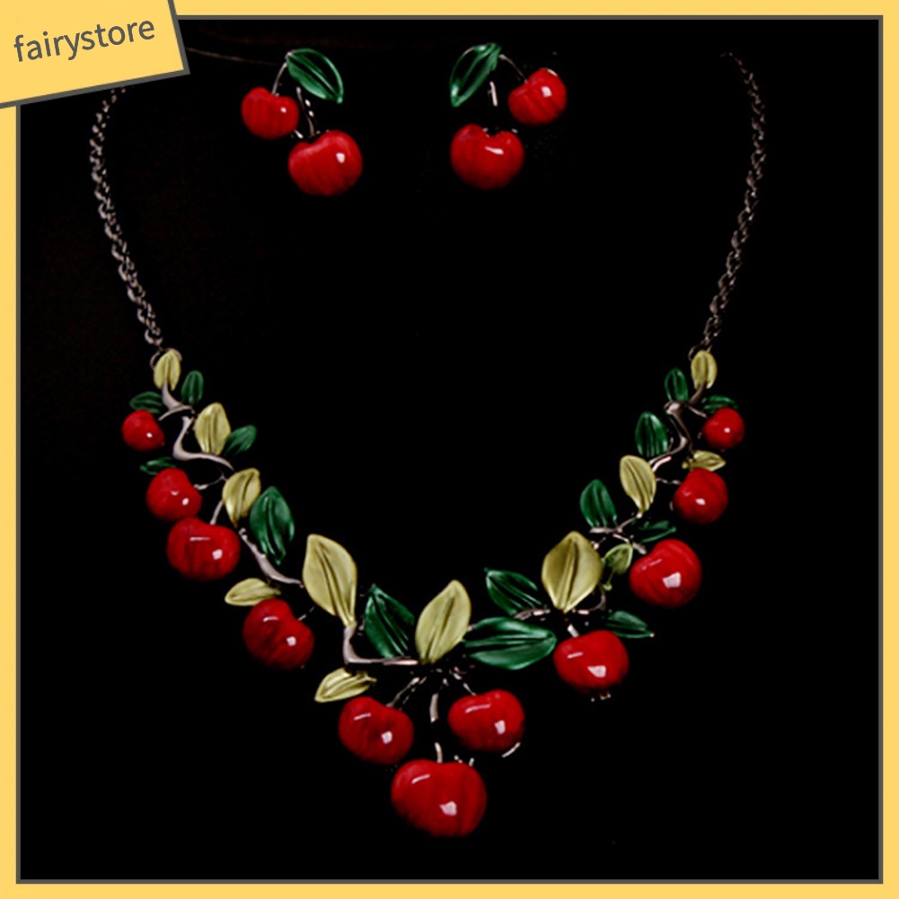 Set dây chuyền và đôi khuyên tai hình trái cherry đỏ thời trang cho nữ