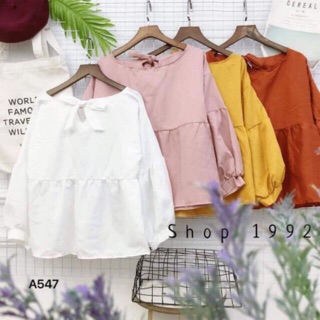 Áo baby doll tay phồng phồng buộc nơ