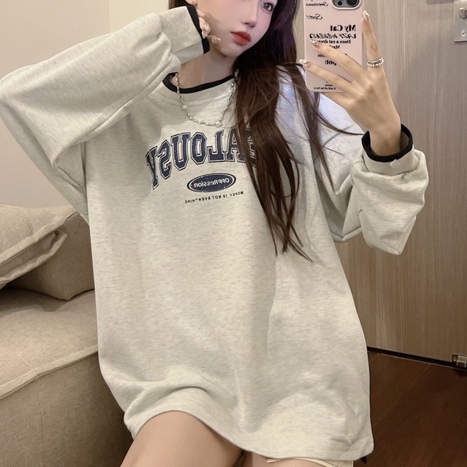 ZHELIHANGFEI Áo Thun Tay Dài Họa Tiết In Theo Phong Cách Retro Mỹ Dễ Phối Đồ