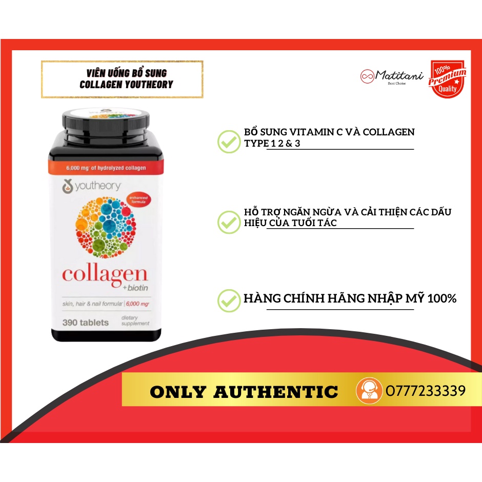 Viên Uống Bổ Sung Collagen Youtheory Cho Da, Tóc Và Móng Type 1 2 & 3 Skin, Hair & Nail Formula 390 Viên