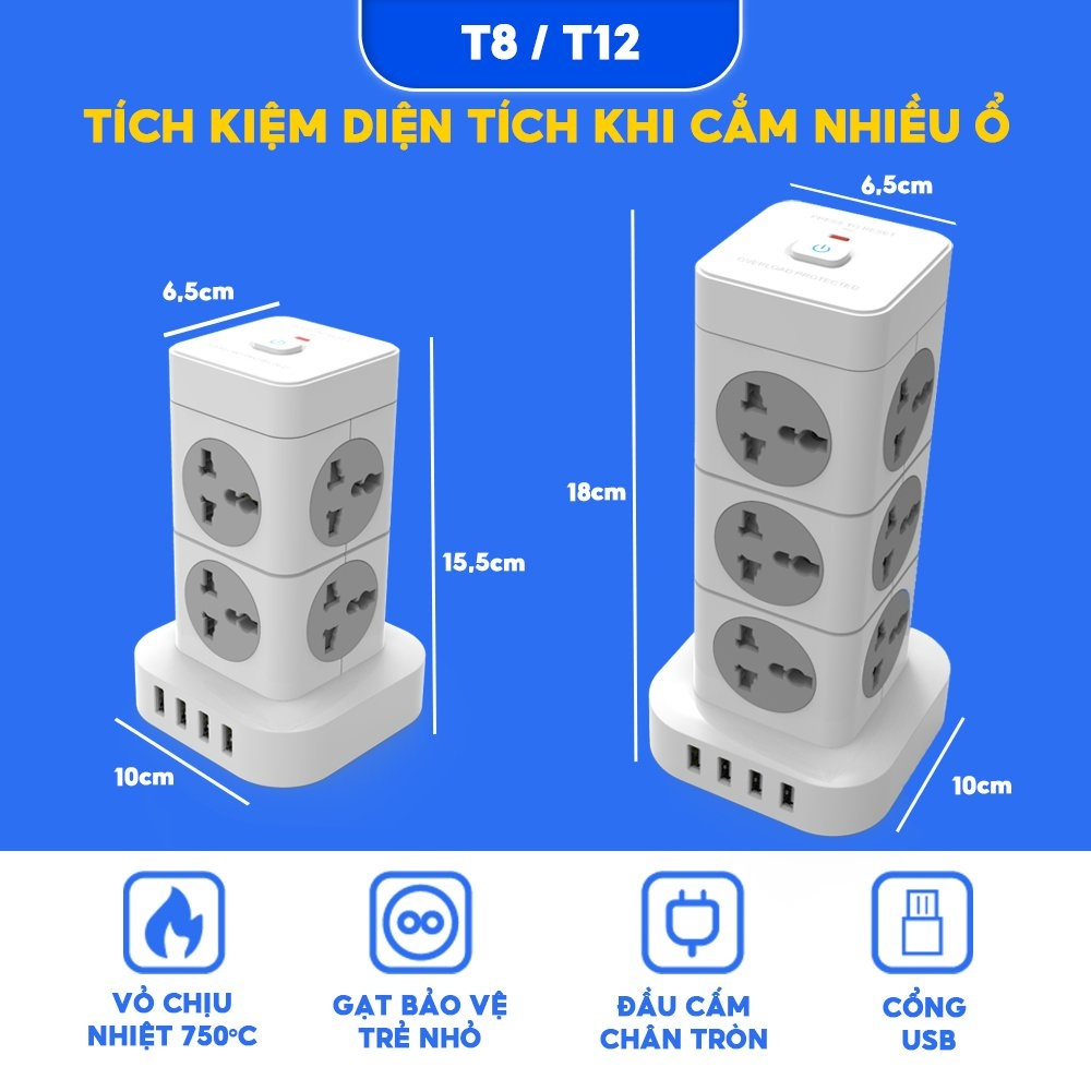 Ổ Cắm Điện Đa Năng SHOPTIDA Thiết Kế Trụ Đứng T8/ T12 ,Tối Đa 8/12 Ổ Cắm , Dây Dài 3m và 4m, Chịu Tải 3600w