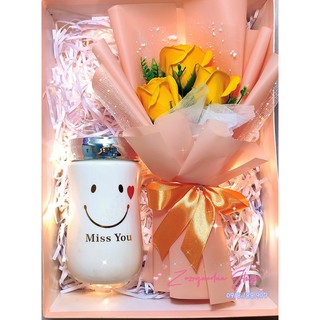 Hộp quà tặng Ly sứ nắp gương (ly, hoa sáp, đèn nháy, thiệp) dành cho sinh nhật, lễ hội, 14/2, 8/3, 20/10, 20/11, 24/12..