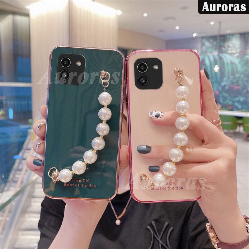 Ốp Điện Thoại Dẻo Trong Mạ Điện Lấp Lánh + Dây Đeo Tay Ngọc Trai Sang Trọng Cho Samsung Galaxy A03 A03S A03 A03S A13