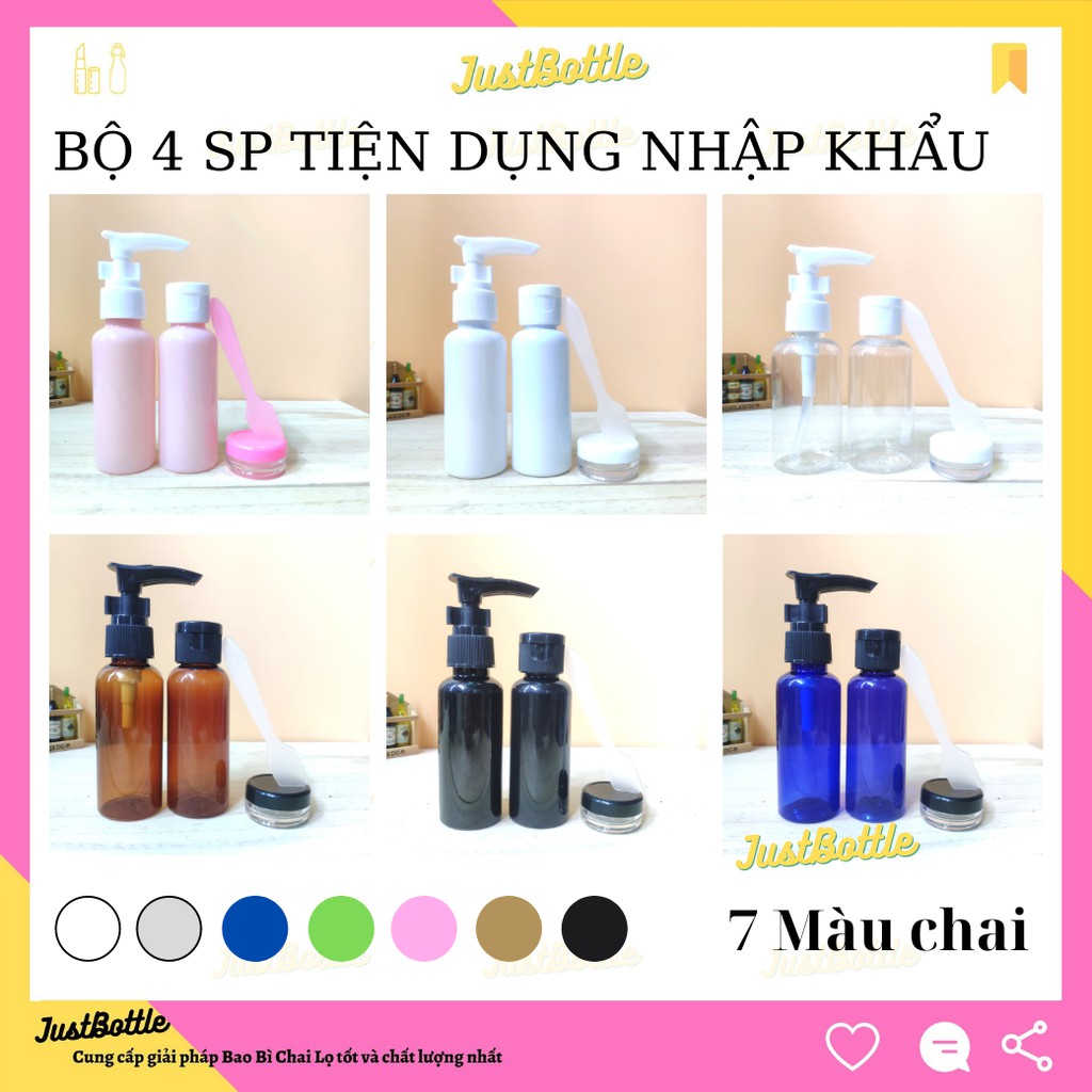 BỘ CHIẾT MỸ PHẨM DU LỊCH 4 MÓN 50ml túi Zip Nhập Khẩu  VỎ CHAI LỌ NHỰA PET Nhỏ Trong suốt Hồng Nâu Đen Trắng Xanh