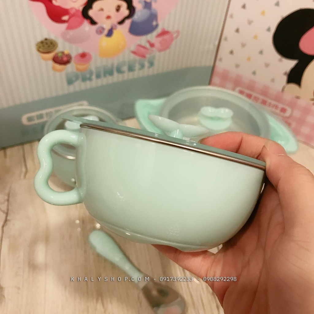 Set 5 món tô, chén muỗng, nĩa và ly có quai cầm inox giữ nhiệt hình công chúa Snow White màu xanh mint siêu hot