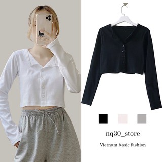 Áo Croptop NQ30 Tay Dài Chất Gân Bo Dáng Rộng Nút Gài Nữ Ullzang