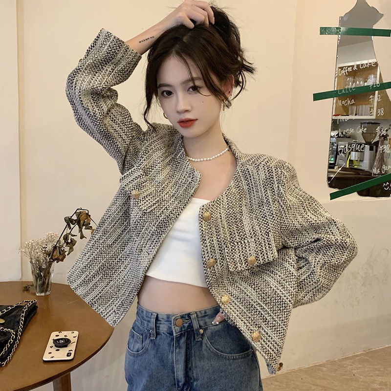 Aó khoác dạ TWEED nữ tay dài dáng ngắn kiểu croptop mỏng thu đông sang