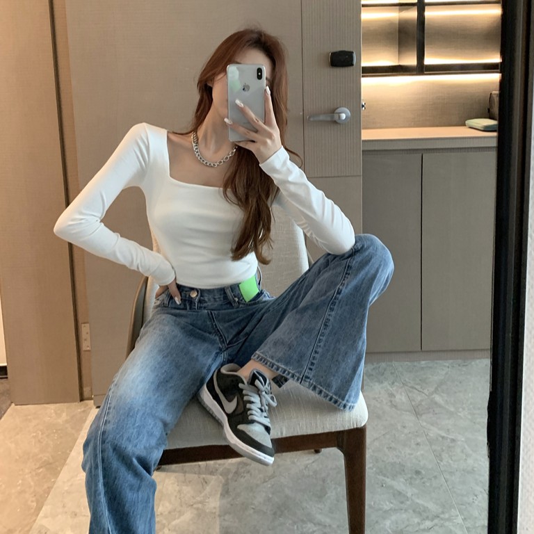 Áo Croptop Dài Tay Cổ Vuông Màu Trơn Dễ Phối Đồ Cho Nữ | BigBuy360 - bigbuy360.vn