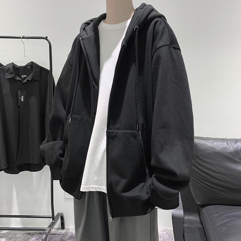 Áo Khoác Hoodie Tay Dài Dáng Rộng Màu Sắc Đơn Giản Phong Cách Hồng Kông Thời Trang Cho Nam