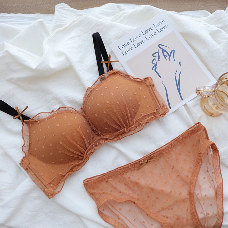 Áo Lót Không Gọng Không Đường May Hoa Văn Chấm Bi Phối Lưới Thời Trang