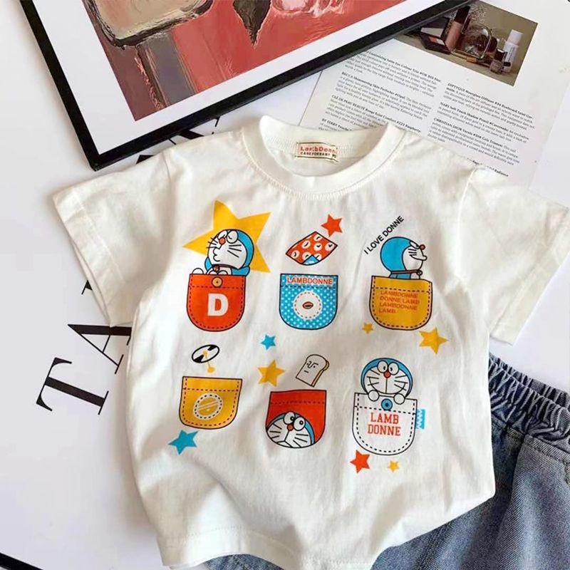 Áo Thun Tay Ngắn Chất Liệu 100% cotton Mỏng In Hoạ Tiết Hoạt Hình Doraemon Cho Bé