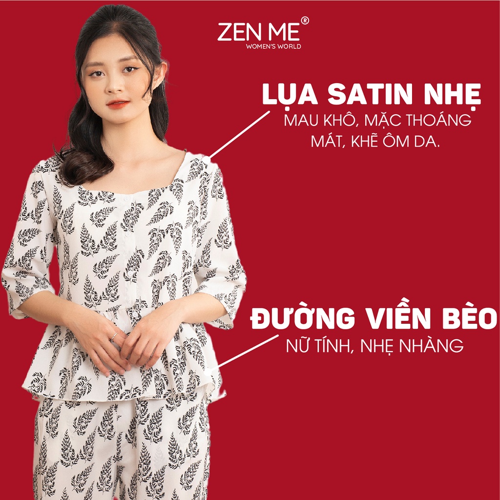 Đồ Bộ Nữ Mặc Nhà Tay Lửng Quần Dài Cổ Vuông Nữ Tính PJB1221, Zen Me Women's World