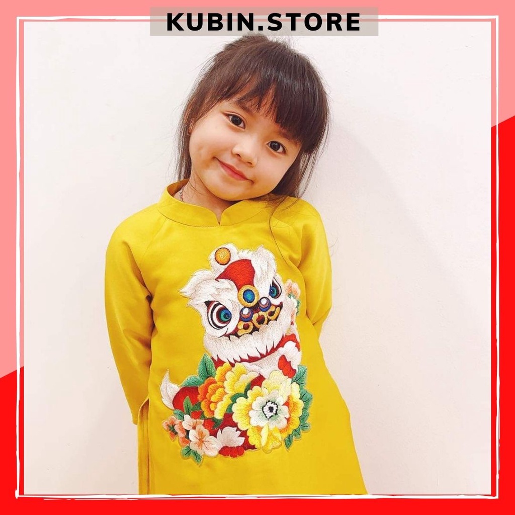Áo dài cách tân thêu lân cho bé gái chất liệu nhung tăm cao cấp size từ 1đến 9 tuổi , áo dài tết cho trẻ em