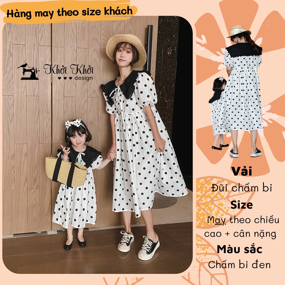 [THIẾT KẾ GIA ĐÌNH] [HÀNG MAY] Set mẹ bé chấm bi nền trắng phối cổ thủy thủ thắt dây trẻ trung dáng dài