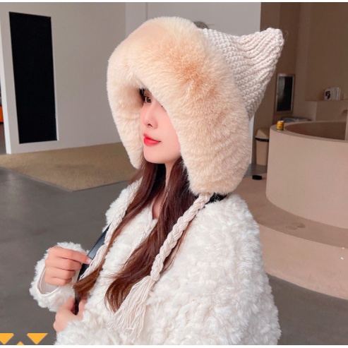 mũ len nữ phối lông siêu xinh dày đẹp 2022