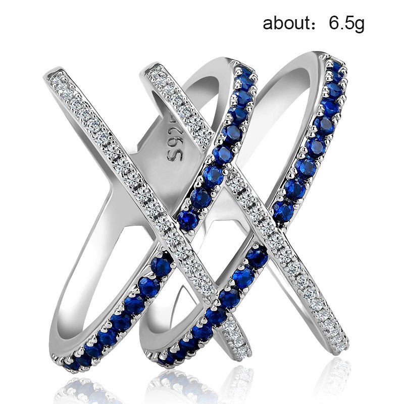 Creative cross X shape full of blue diamond zircon ring Fashion ladies party ring