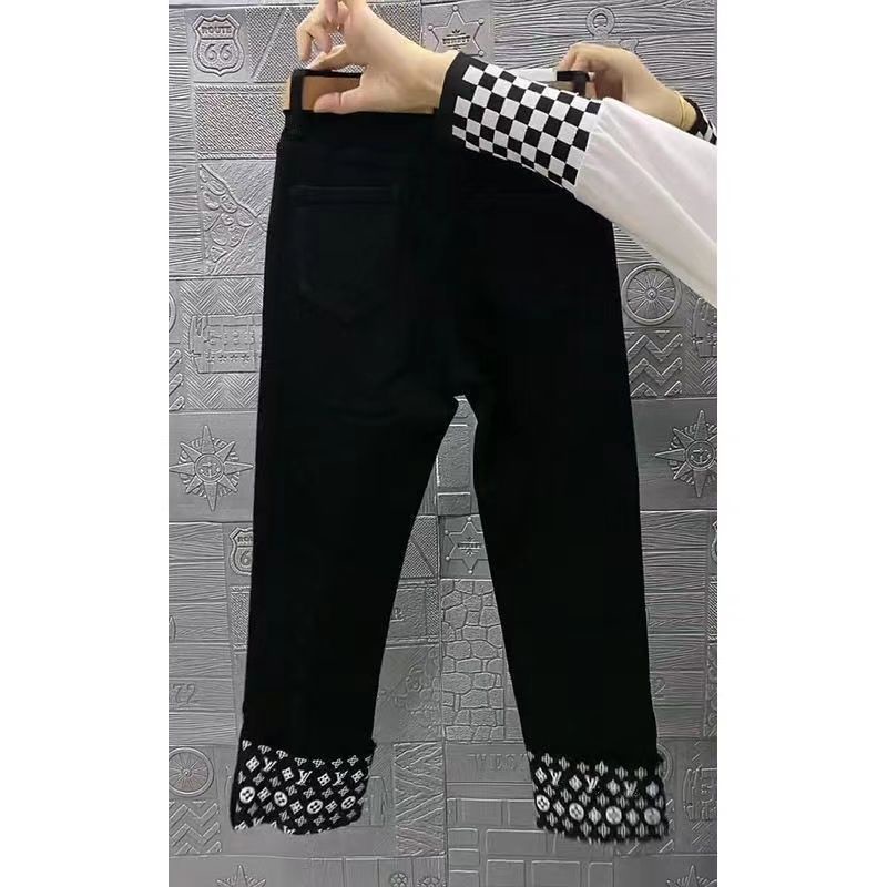 Quần jean ống rộng co giãn lưng cao thêu chân cho phụ nữ vào mùa xuân 2022