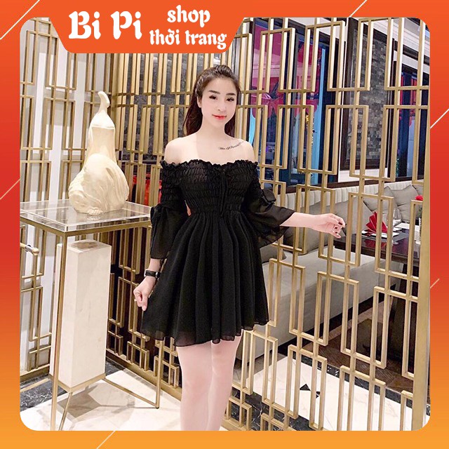 Đầm trễ vai cao cấp tay phối nơ phong cách sang trọng quý phái có 3 màu