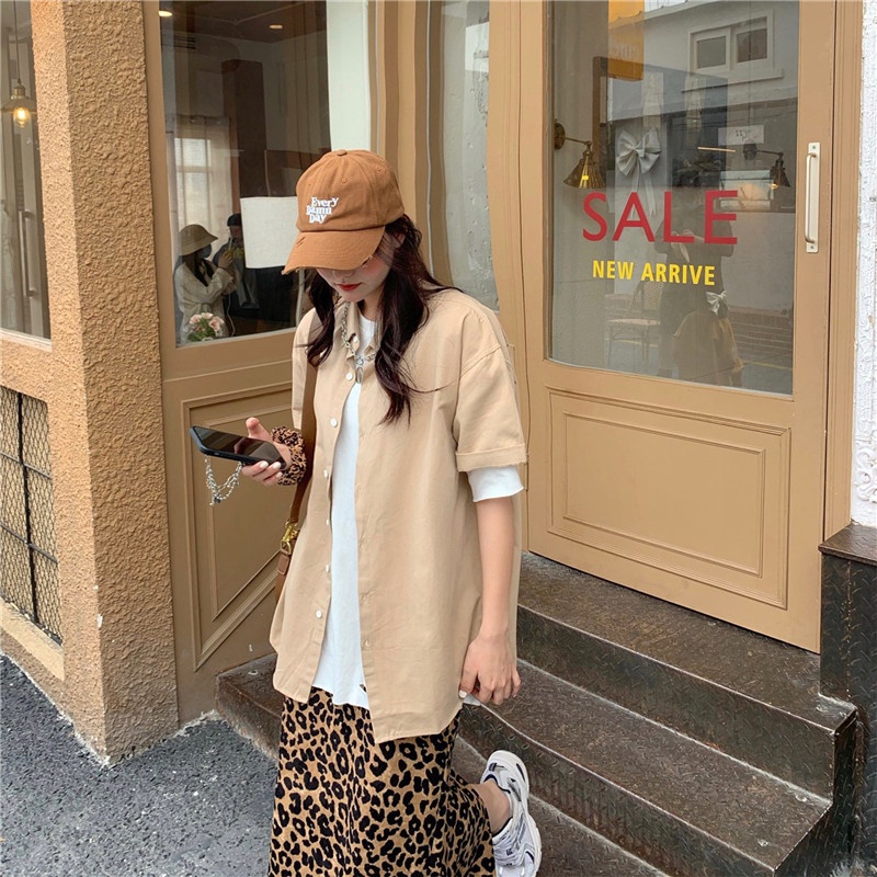 Áo sơ mi nữ SUXI tay ngắn dáng rộng màu trơn kiểu Hàn Quốc thời trang mùa hè