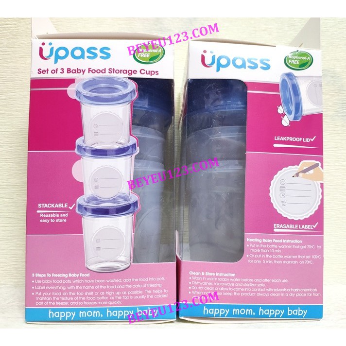 Bộ 3 hộp đựng thức ăn dặm - trữ sữa Mẹ 180ml Upass UP0327N (Made in Thailand)