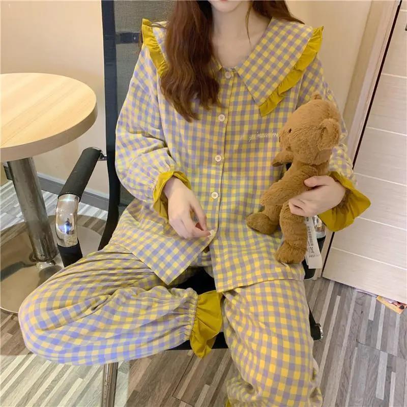 Bộ đồ ngủ tay dài thêu họa tiết hoạt hình phong cách Nhật Bản thời trang thu đông cho nữ | BigBuy360 - bigbuy360.vn