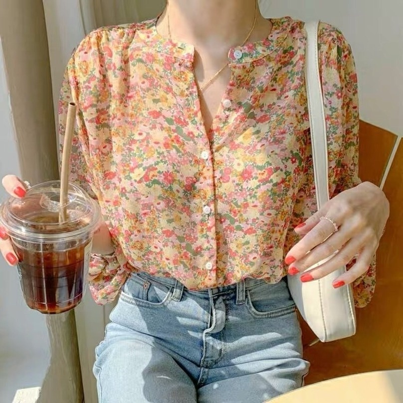 Áo Sơ Mi Chiffon Dáng Ôm In Họa Tiết Hoa Kiểu Hàn Quốc Xinh Xắn Cho Nữ