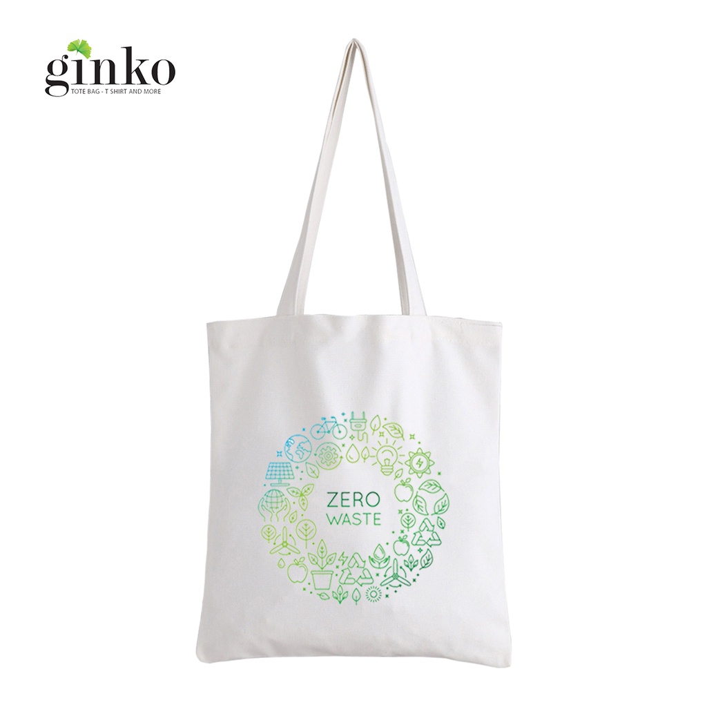 Túi Vải Tote GINKO Kiểu Basic dây kéo In Hình Zero Waste