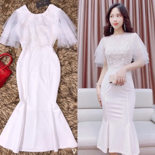 [ XẢ KHO ] đầm thiết kèm Video ảnh thật, váy dự tiệc sang chảnh body đôi cá đính hoa 3D nổi, đầm trắng body sang chảnh