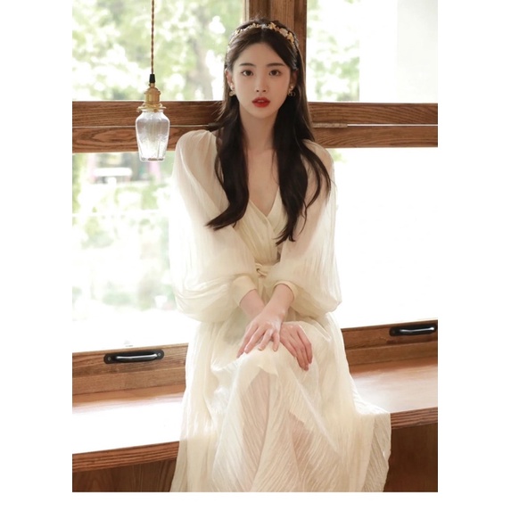 váy voan tơ xoắn eo tay bồng tiểu thư đi biển,dự tiệc Lolita DressUp quảng châu cao cấp
