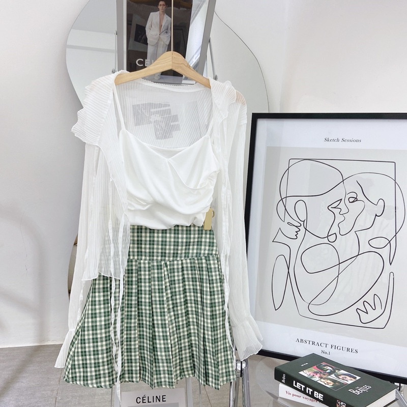 SET 3 MÓN : ÁO KHOÁC TAY LOE NƠ + ÁO 2 DÂY + CHÂN VÁY CARO