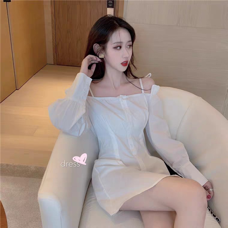 VÁY THIẾT KẾ TRỄ VAI DÀI TAY CÚC DỌC - ĐẦM TRẮNG ĐEN BẸT VAI CHUN BUỘC NƠ ULZZANG HOT